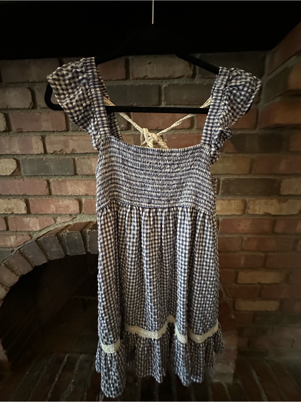 Jacqui E Blue Gingham Smocked Ruffle Strap Dress